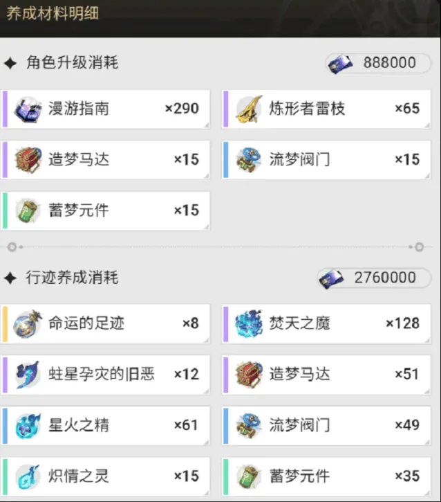《崩坏星穹铁道》黄泉培养材料清单